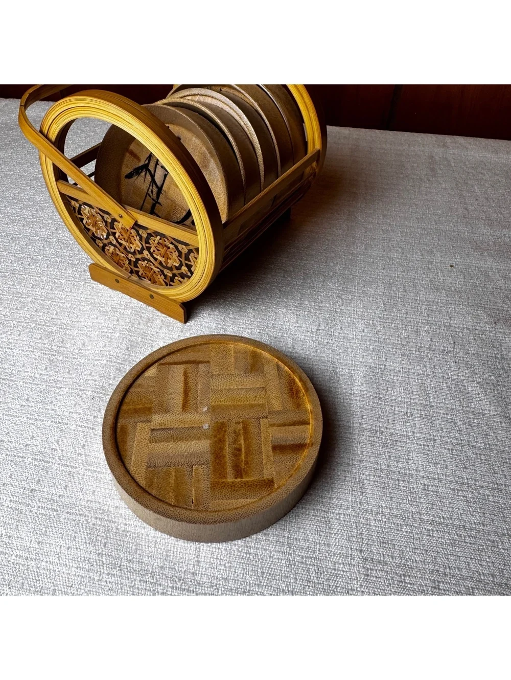 Vintage Bamboo Coaster Set of 6 With Handled Holder Asian Bamboo Design